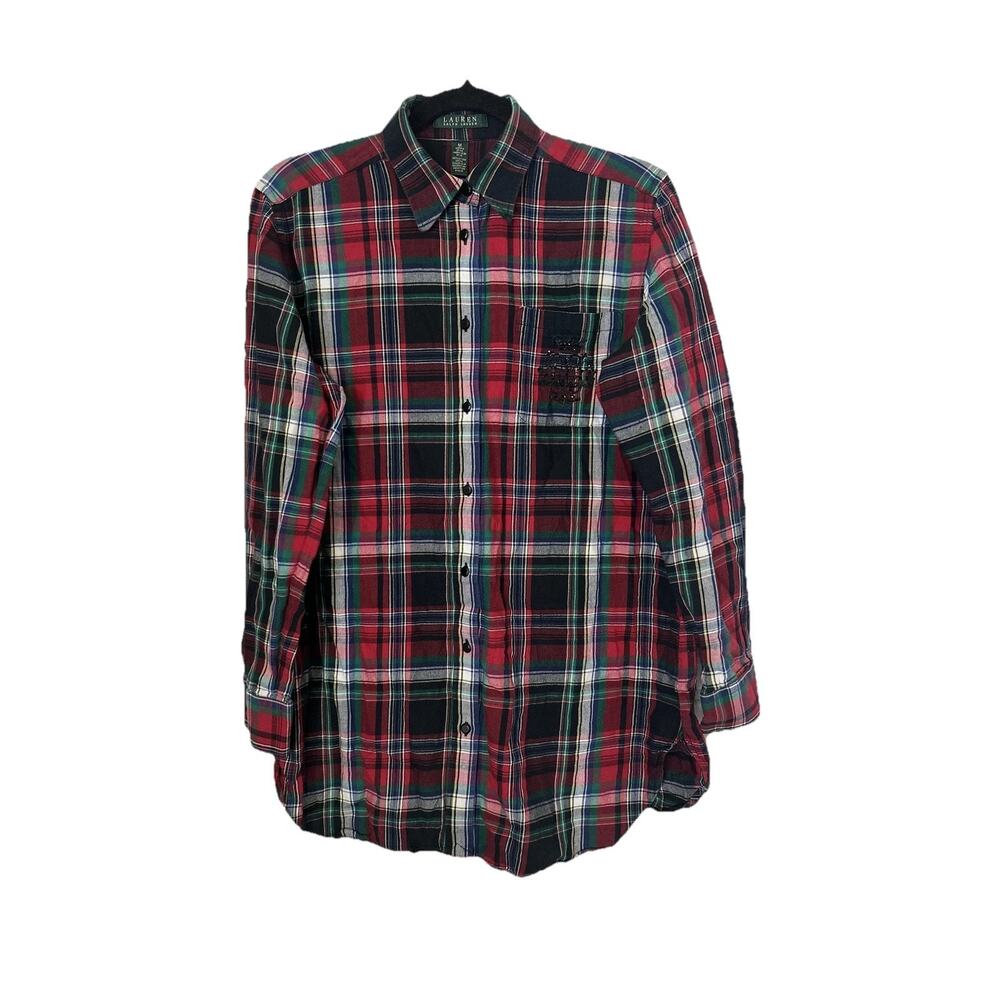 Lauren Ralph Lauren Shirt Womens Medium Multicolor Plaid Sequin Pocket Detail